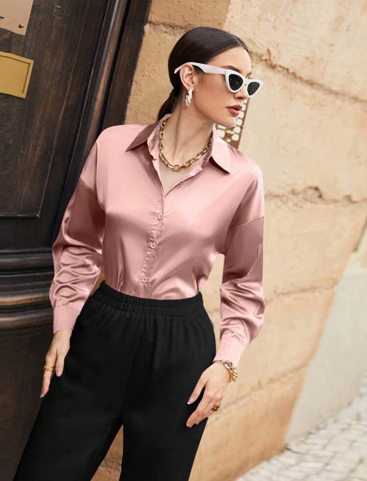 IMG_5712 Mulvari Solid Drop Shoulder Button Front Shirt,Long Sleeve Tops - الصورة 1