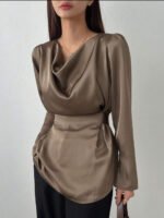 Dazy Star Women's Solid Color Ruffled Collar Puff Sleeve Casual Business Shirt, Autumn,Long Sleeve Tops