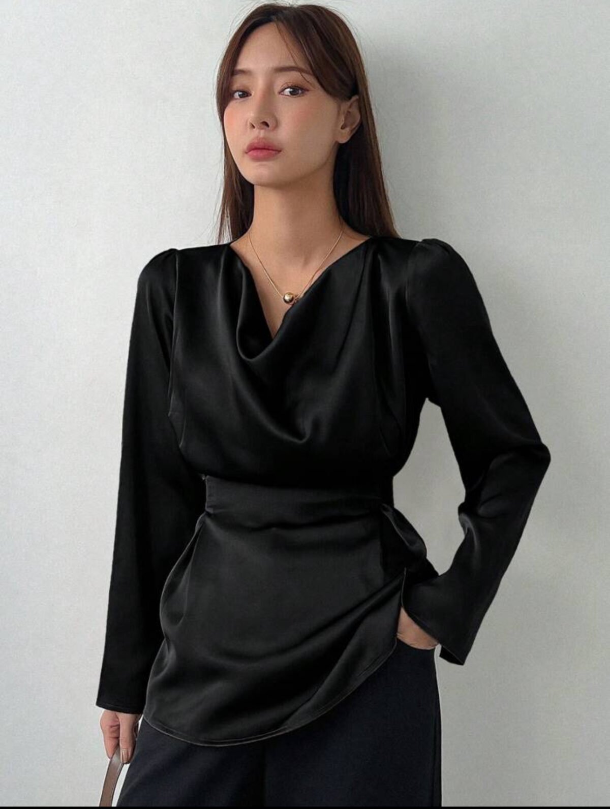 ⁦Dazy Star Women's Solid Color Ruffled Collar Puff Sleeve Casual Business Shirt, Autumn,Long Sleeve Tops⁩ - الصورة ⁦5⁩
