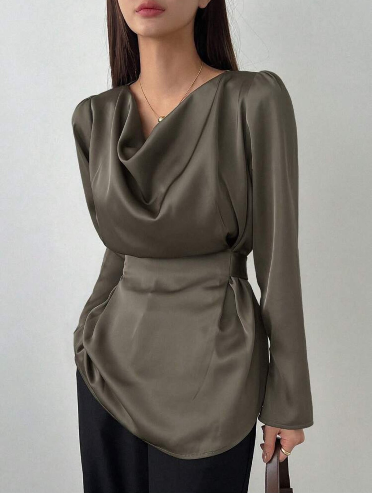 ⁦Dazy Star Women's Solid Color Ruffled Collar Puff Sleeve Casual Business Shirt, Autumn,Long Sleeve Tops⁩ - الصورة ⁦4⁩