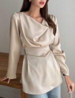 ⁦Dazy Star Women's Solid Color Ruffled Collar Puff Sleeve Casual Business Shirt, Autumn,Long Sleeve Tops⁩ - الصورة ⁦2⁩