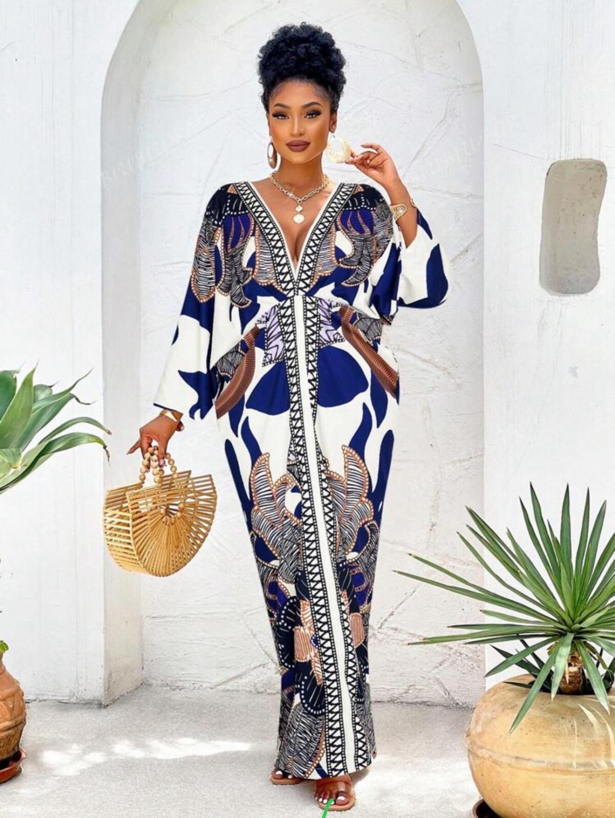 IMG_5785 BIUBIU Women's Plus Size Bat Sleeve Deep V Tropical Gradient Flower Waist Long Dress, Suitable For Passionate Holidays And Daily Casual Fashion Key Items, Showcasing The Ultimate Beauty Curves Of Women - الصورة 2