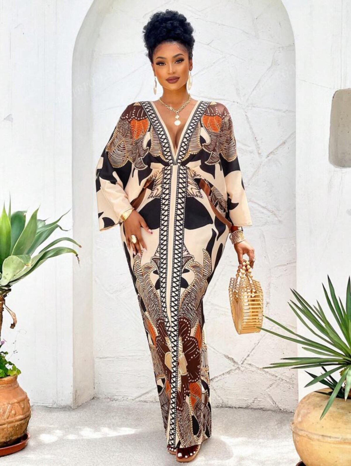 ⁦BIUBIU Women's Plus Size Bat Sleeve Deep V Tropical Gradient Flower Waist Long Dress, Suitable For Passionate Holidays And Daily Casual Fashion Key Items, Showcasing The Ultimate Beauty Curves Of Women⁩ - الصورة ⁦1⁩