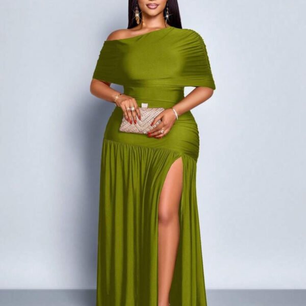 SOLERSUN Spring And Summer Plus Size Women's Sexy Party Casual Vacation Brown Shiny Fabric One Shoulder Gathered Off-Shoulder Collar Front Slit Ruffle Knitted Long Skirt