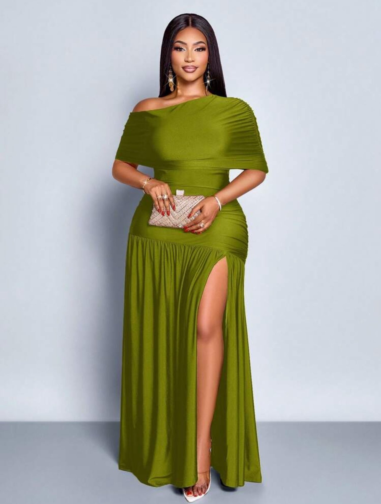 IMG_5791 SOLERSUN Spring And Summer Plus Size Women's Sexy Party Casual Vacation Brown Shiny Fabric One Shoulder Gathered Off-Shoulder Collar Front Slit Ruffle Knitted Long Skirt - الصورة 1