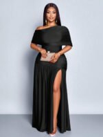 SOLERSUN Spring And Summer Plus Size Women's Sexy Party Casual Vacation Brown Shiny Fabric One Shoulder Gathered Off-Shoulder Collar Front Slit Ruffle Knitted Long Skirt - الصورة 2