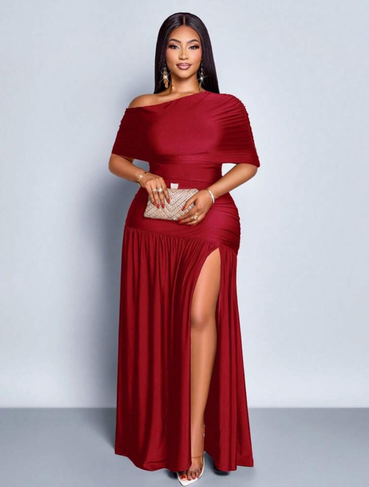 IMG_5793 SOLERSUN Spring And Summer Plus Size Women's Sexy Party Casual Vacation Brown Shiny Fabric One Shoulder Gathered Off-Shoulder Collar Front Slit Ruffle Knitted Long Skirt - الصورة 5