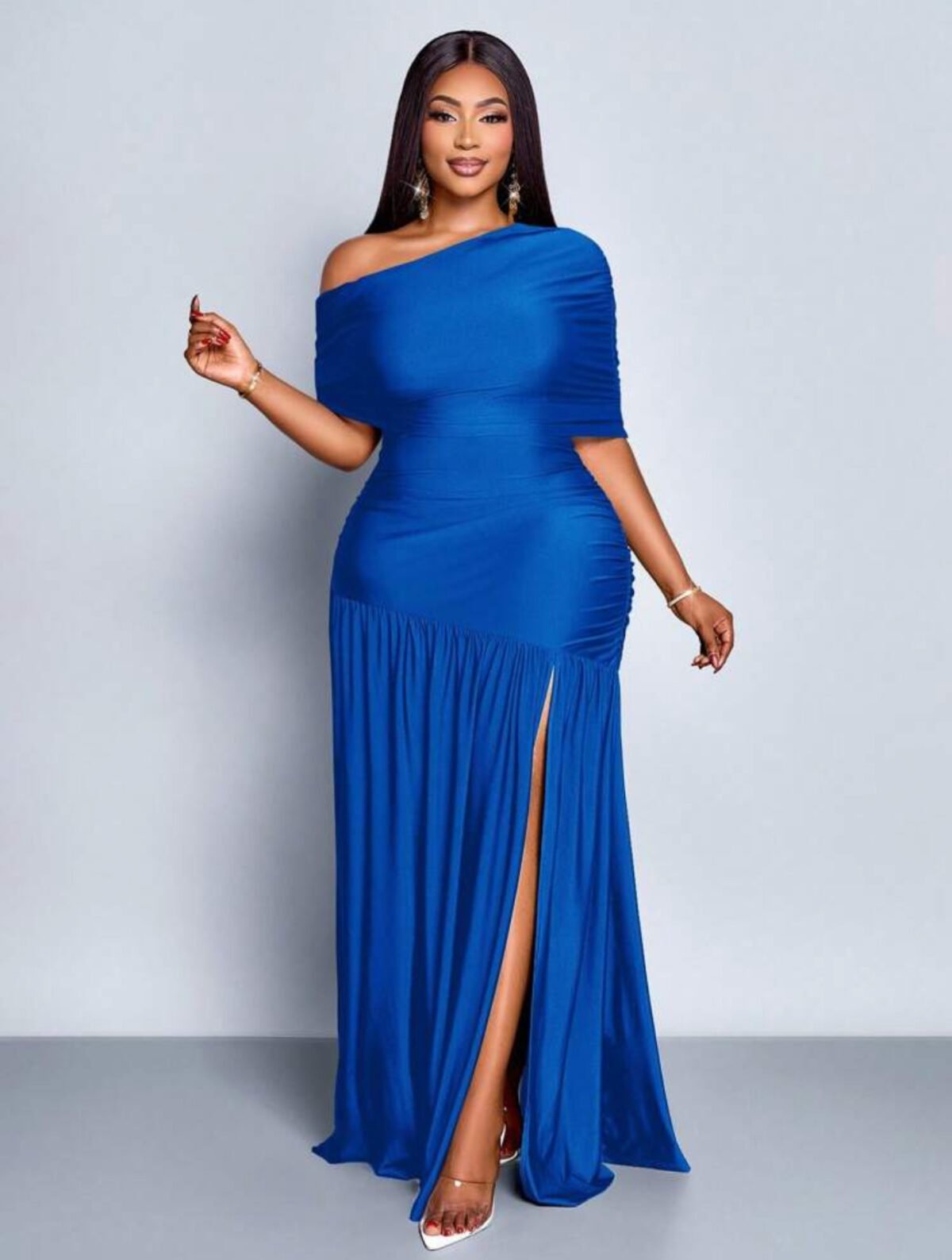 IMG_5794 SOLERSUN Spring And Summer Plus Size Women's Sexy Party Casual Vacation Brown Shiny Fabric One Shoulder Gathered Off-Shoulder Collar Front Slit Ruffle Knitted Long Skirt - الصورة 4