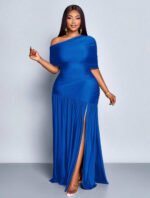 SOLERSUN Spring And Summer Plus Size Women's Sexy Party Casual Vacation Brown Shiny Fabric One Shoulder Gathered Off-Shoulder Collar Front Slit Ruffle Knitted Long Skirt - الصورة 4