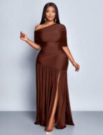 SOLERSUN Spring And Summer Plus Size Women's Sexy Party Casual Vacation Brown Shiny Fabric One Shoulder Gathered Off-Shoulder Collar Front Slit Ruffle Knitted Long Skirt - الصورة 3